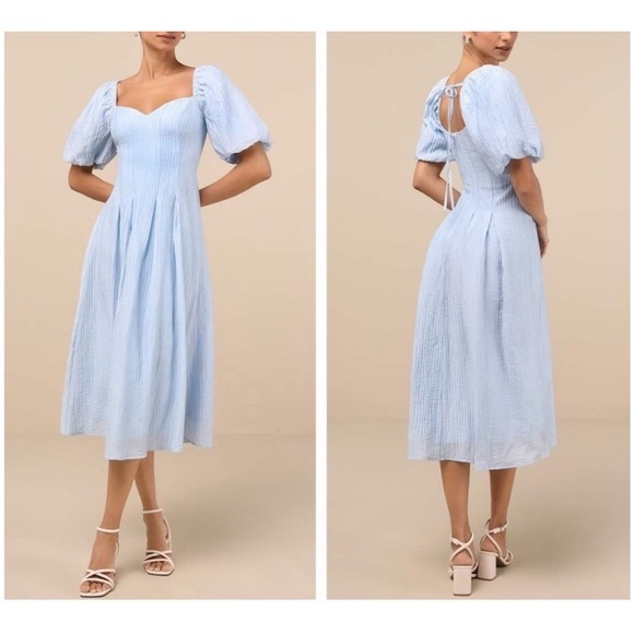Lulus Dresses & Skirts - NWT Lulus Heavenly Energy Blue Textured Puff Sleeve Pleated Midi
Dress XL
